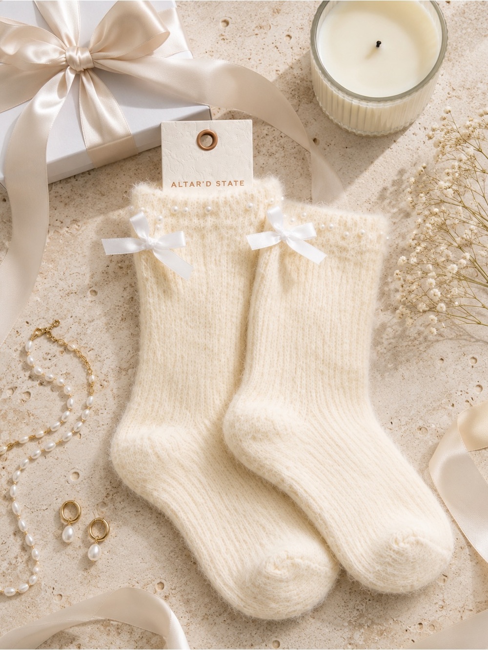 Altar’d State Ivory Pearl Bow Fuzzy Crew Socks NWT Cozy Gift (1 Pair) - Picture 3 of 5